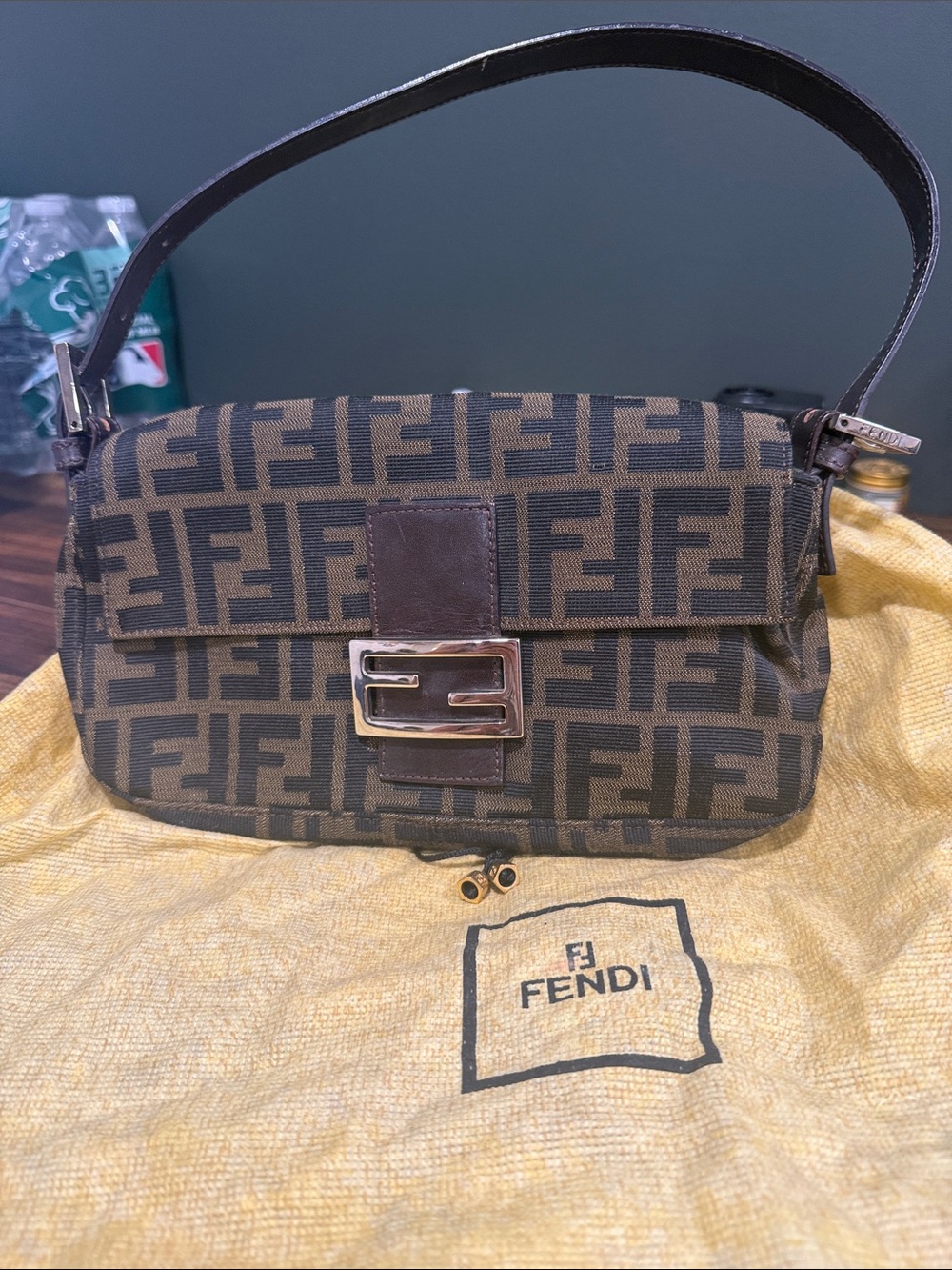 Fendi Brown FF Logo Canvas Baguette Shoulder Bag with Gold Hardware